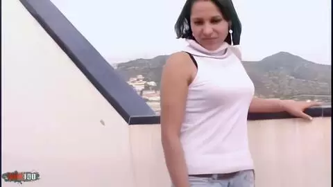 Pretty petite brunette Erika stripping on the terrace  photo 01