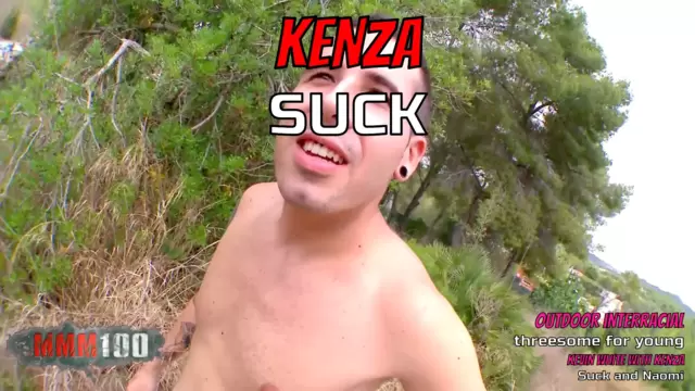 Outdoor interracial threesome for young Kevin White with Kenza Suck and Naomi Lionness