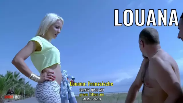 Louana: Französische blonde Tussi mit großen Titten am Strand doppelt penetriert