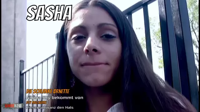 Die schlanke Brünette Amina Sky bekommt von Dey Magnums Riesenschwanz den Hals gefickt und das Gesicht vollgespritzt